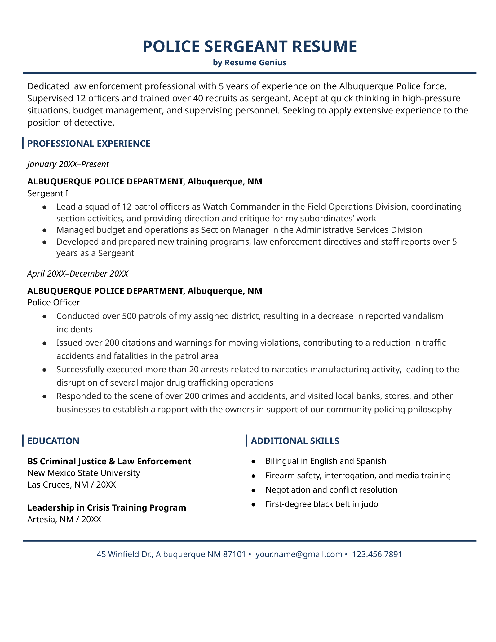 an example of a police sergeant resume