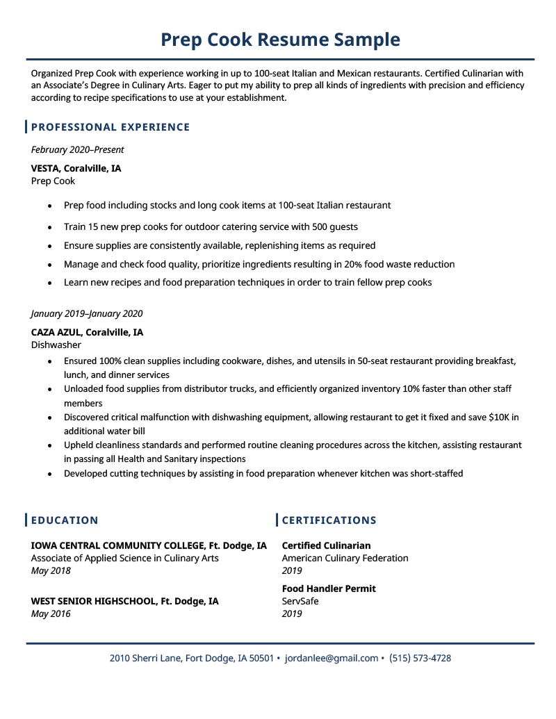 Cook Resume Template   Prep Cook Resume Sample Template 1 