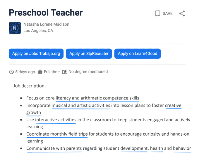 Example of a preschool job description from a job listing.