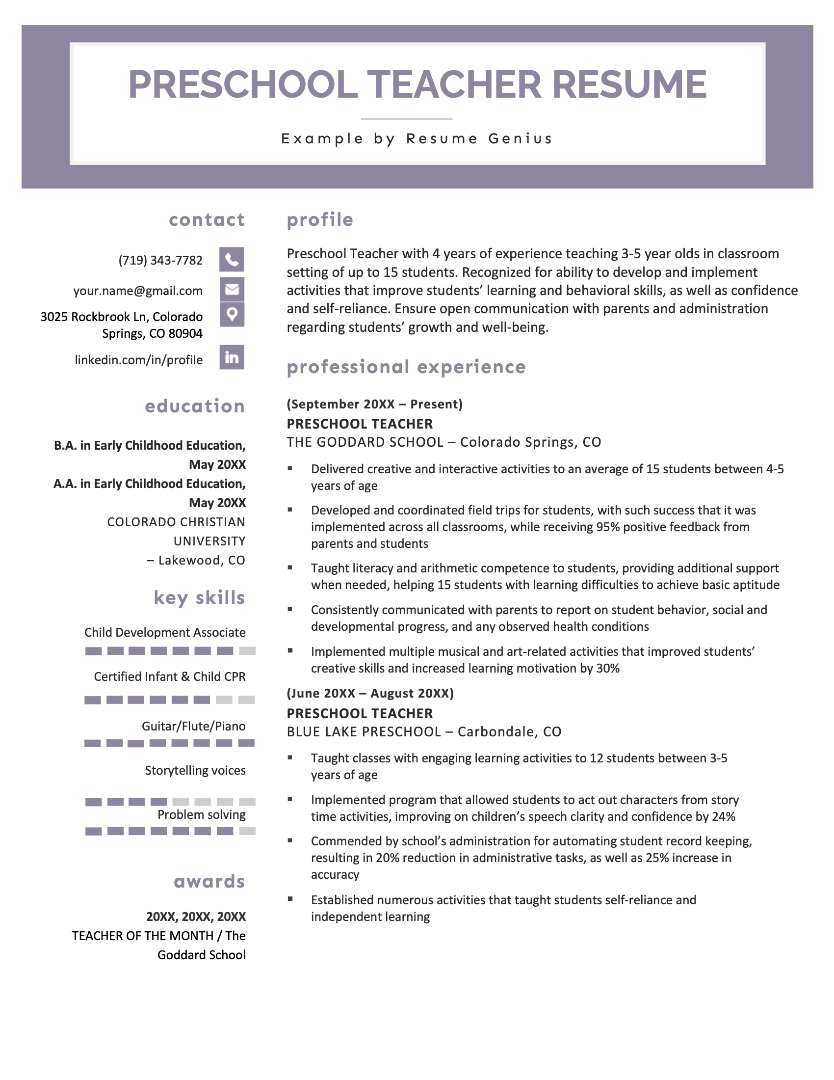 Example of a resume for a preschool teacher.