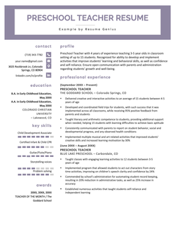 Example of a resume for a preschool teacher.
