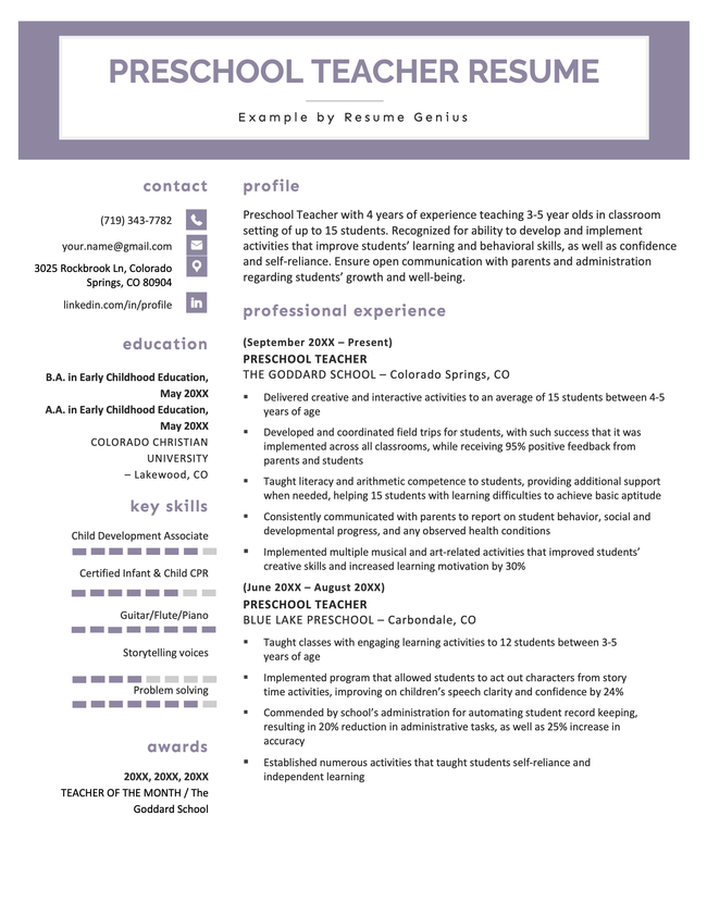 Example of a resume for a preschool teacher.