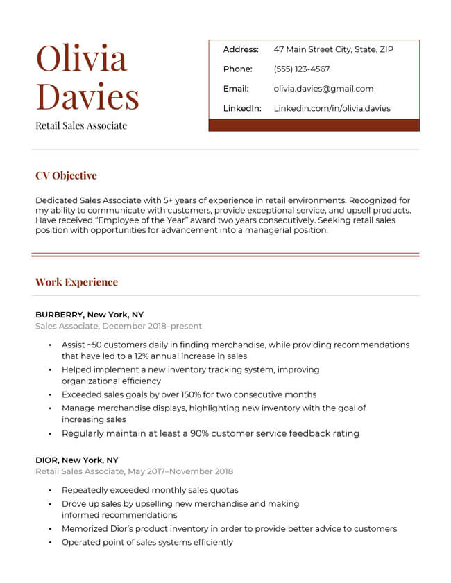 The Pro CV template, which has a unique contact details box, a double-lined divider under the CV objective, and red text section headers