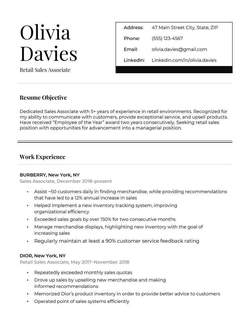 First page of the pro two-page resume template, containing the candidate's name, contact information, resume objective, and part of their work experience.