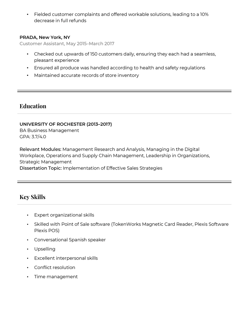 The second page of the pro two-page resume example template, containing some additional work experience, education, and skills. 