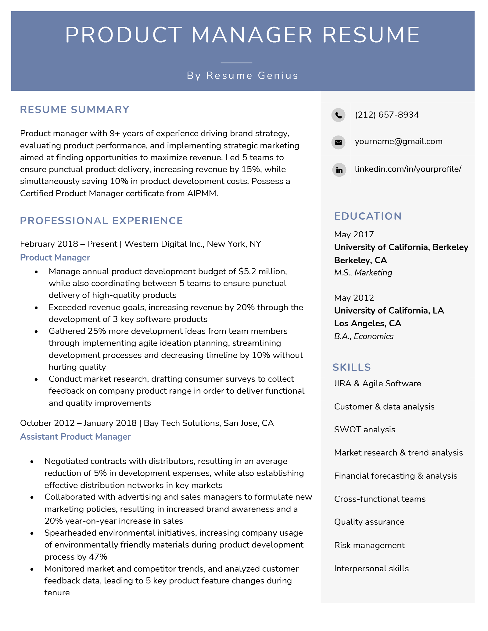 An example of a product manager resume