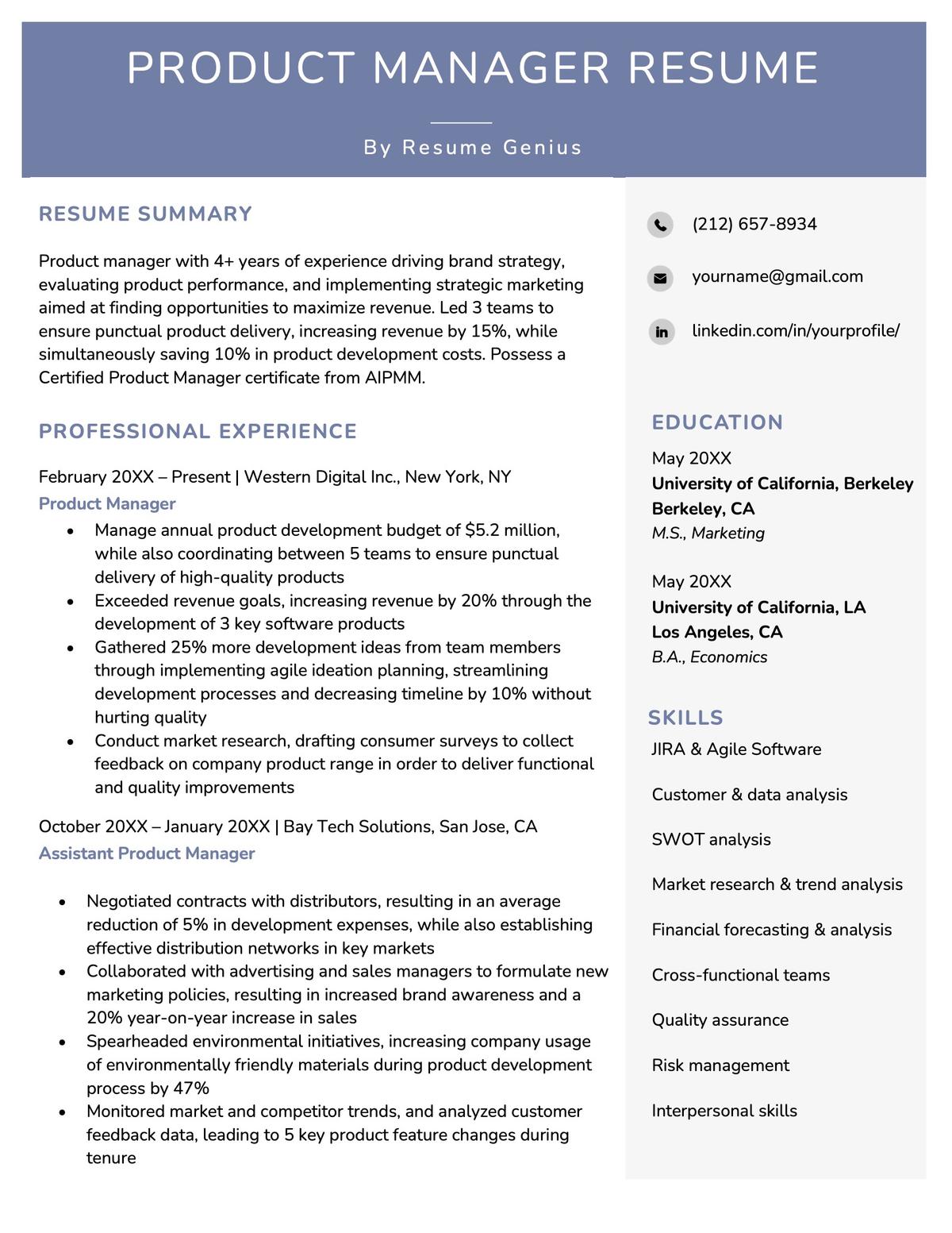 A strong example of a product manager resume.