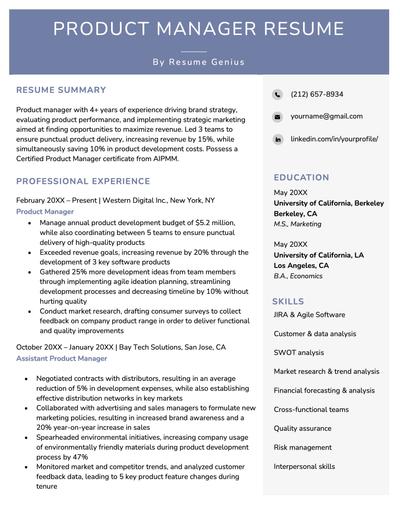 A strong example of a product manager resume.