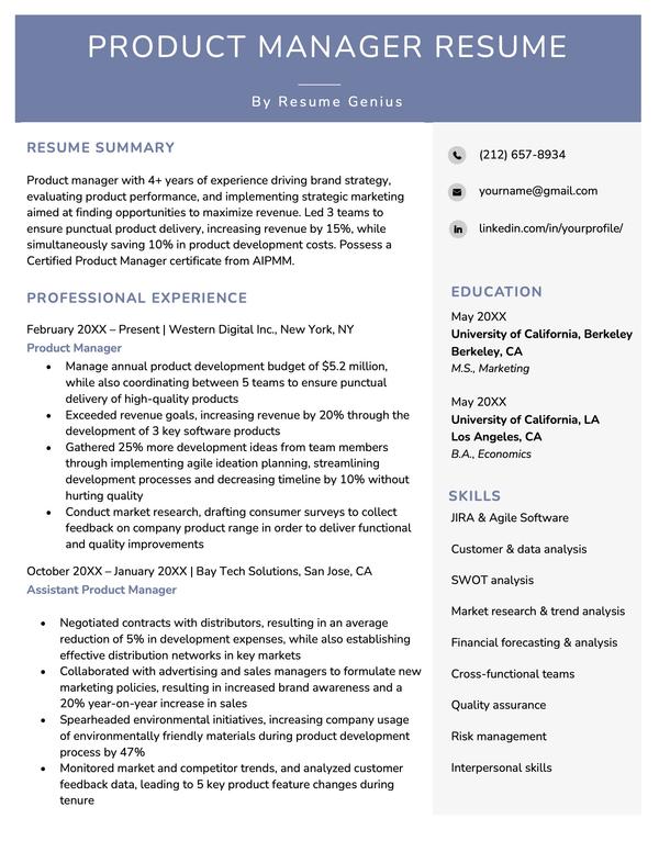A strong example of a product manager resume.