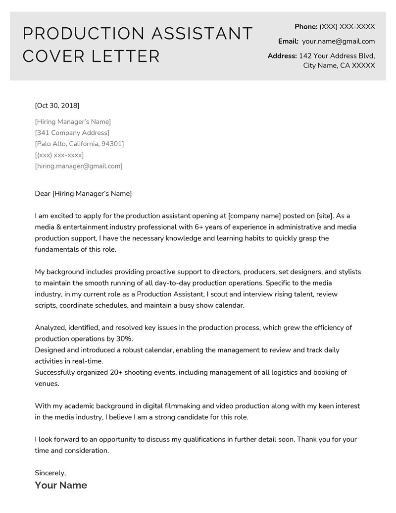 cover letter for production assistant job with no experience