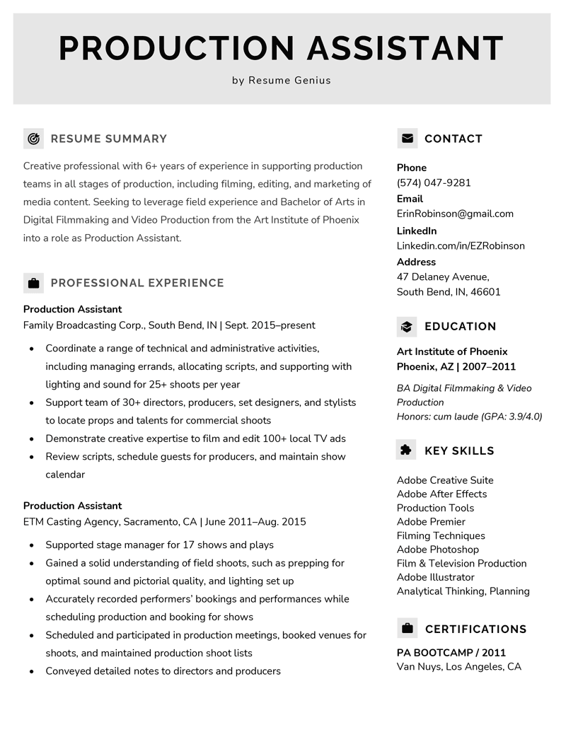 A production assistant resume examplev on a template with icons beside each of the section headers