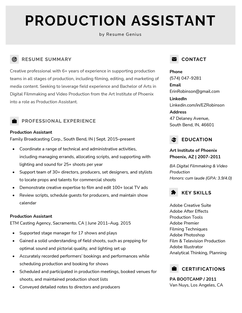 production assistant resume template