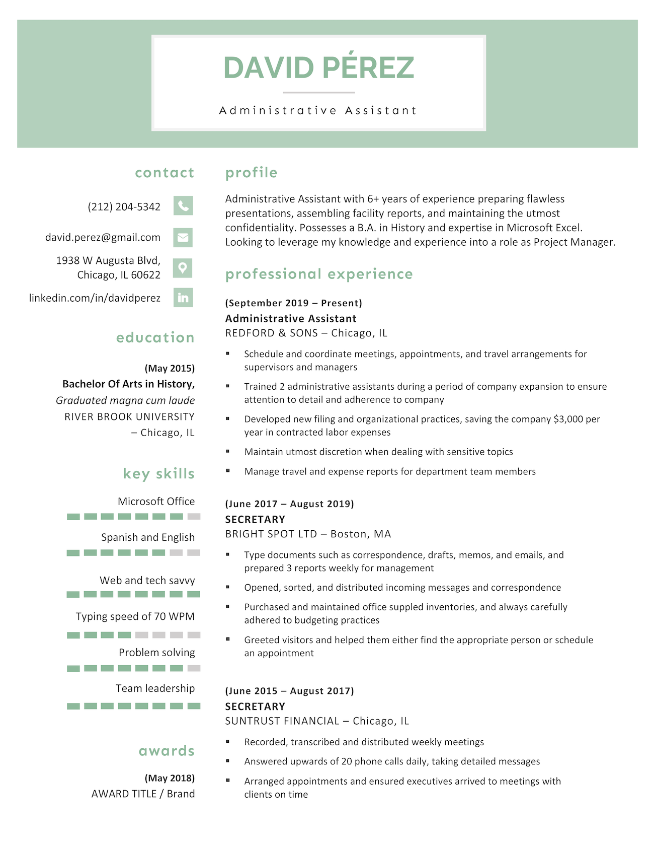 The Cosmopolitan resume template in green