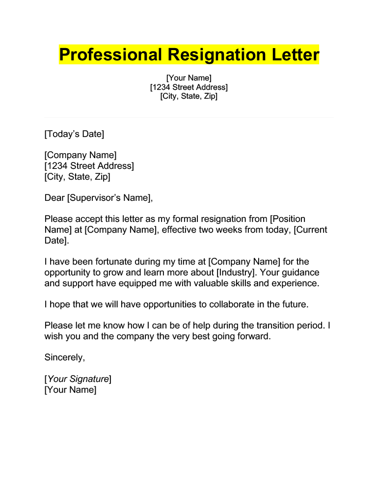 Example of a professional two weeks notice letter, with a brief expression of gratitude to the company and a highlighted header.