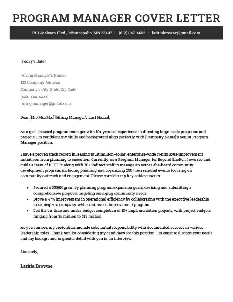 Program Manager Cover Letter Sample by Resume Genius