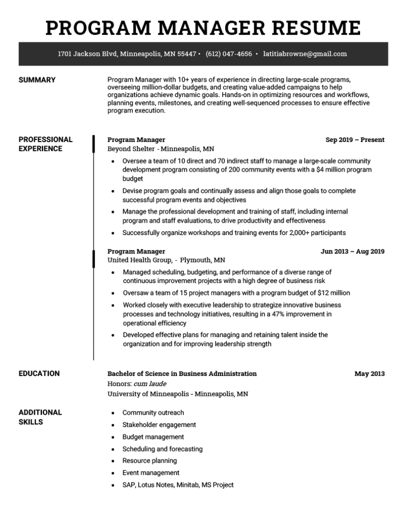 project manager skills resume