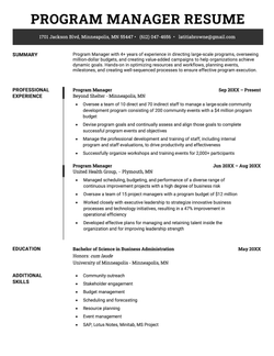 A program manager resume sample on a template with a black header