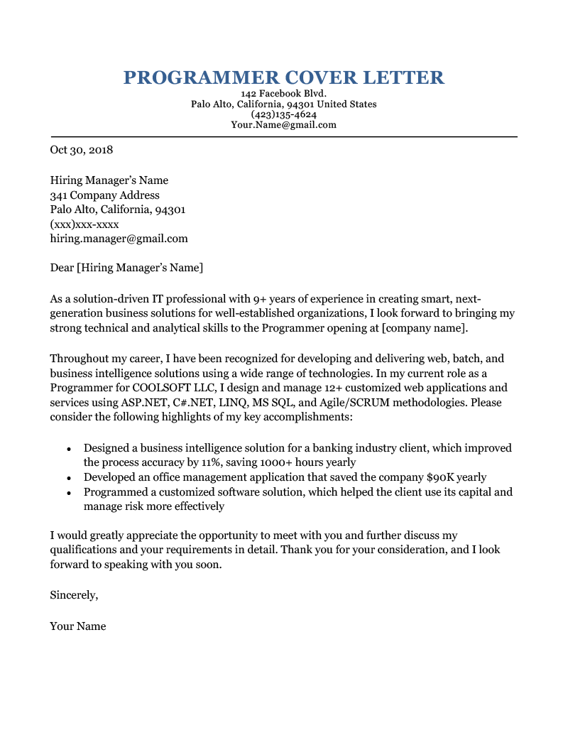 Sample Programmer Cover Letter Entry Level Cover Letter Template