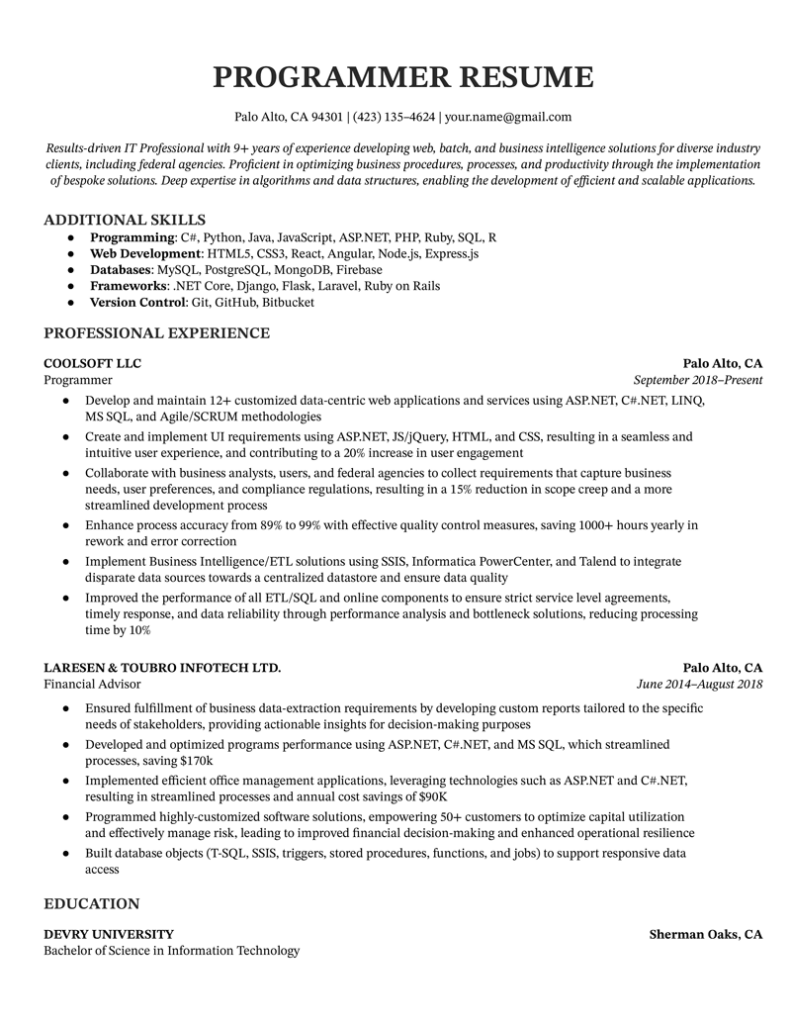 entry level programmer resume sample