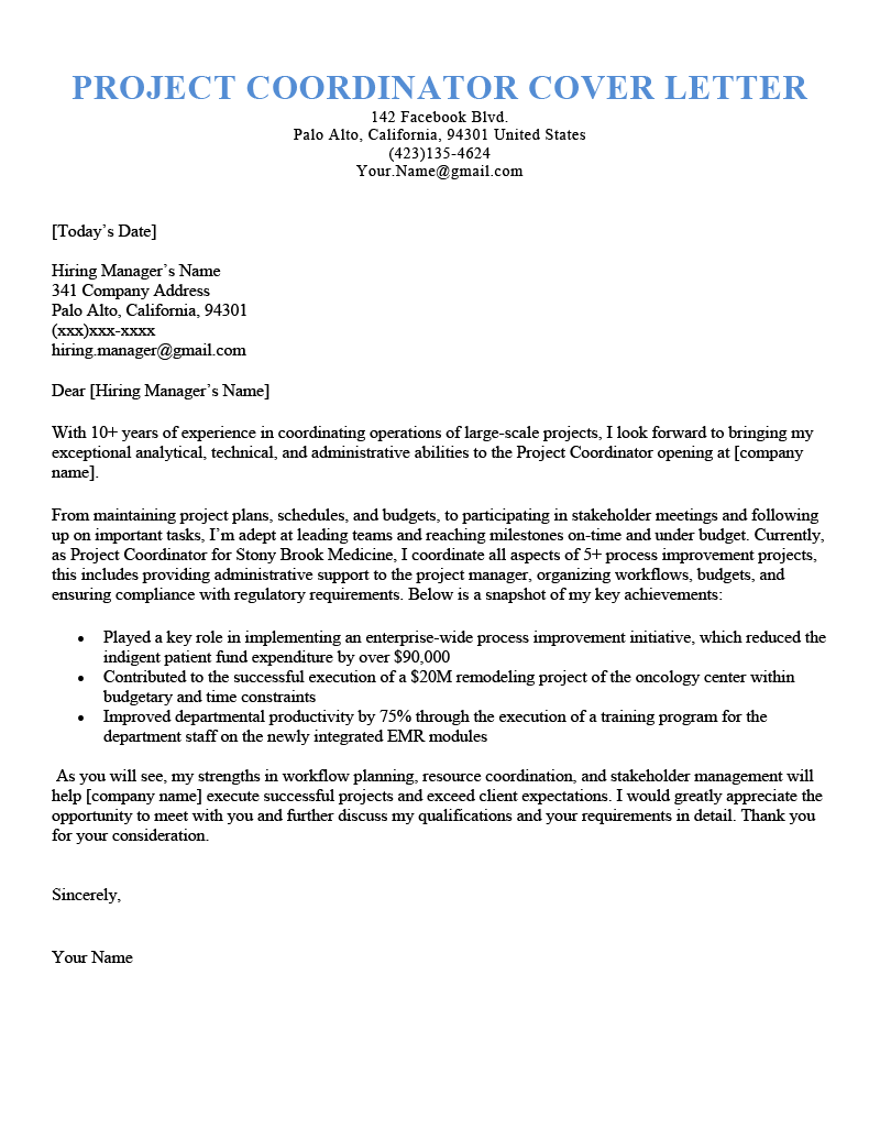 A project coordinator cover letter sample