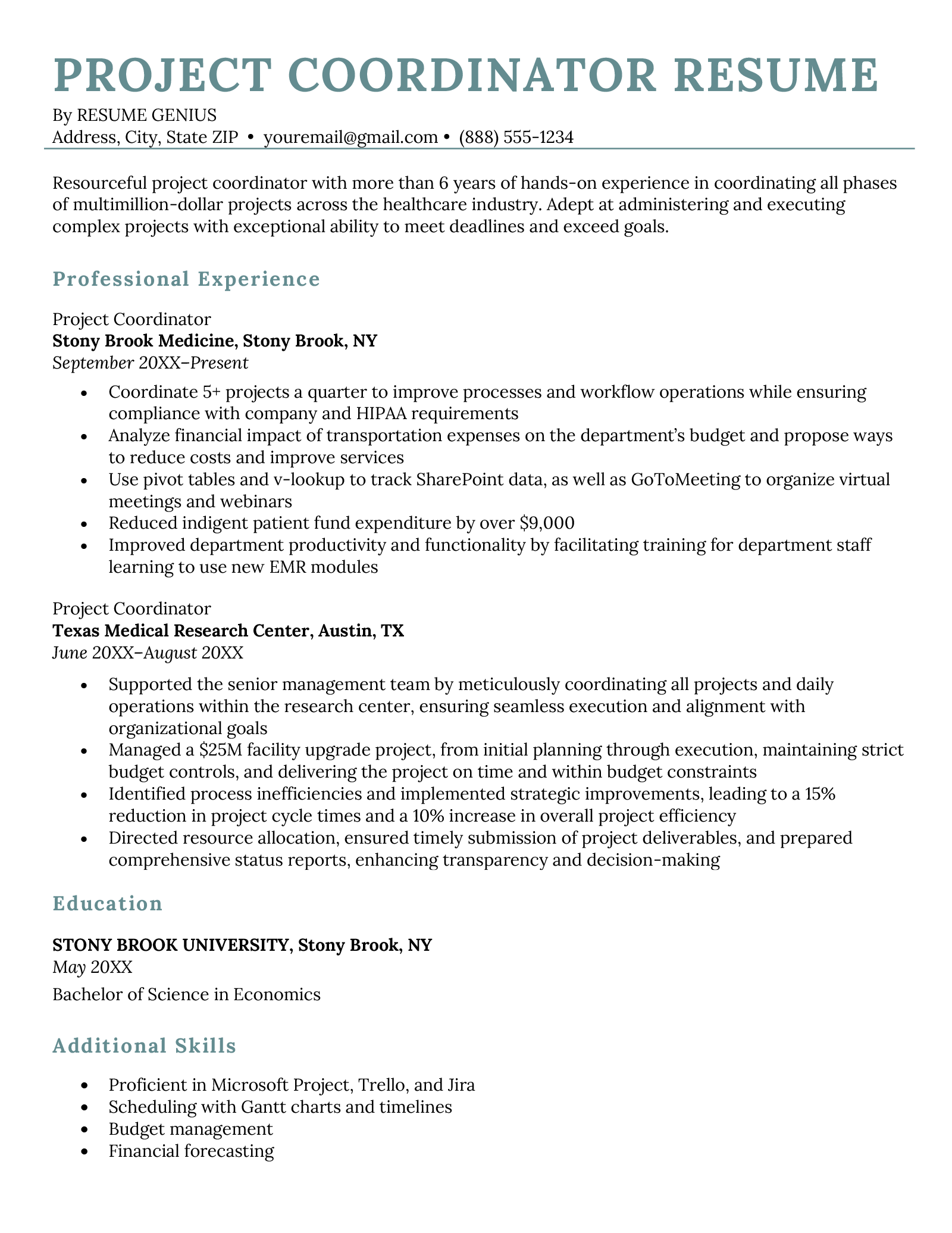 sample cover letter for project coordinator position