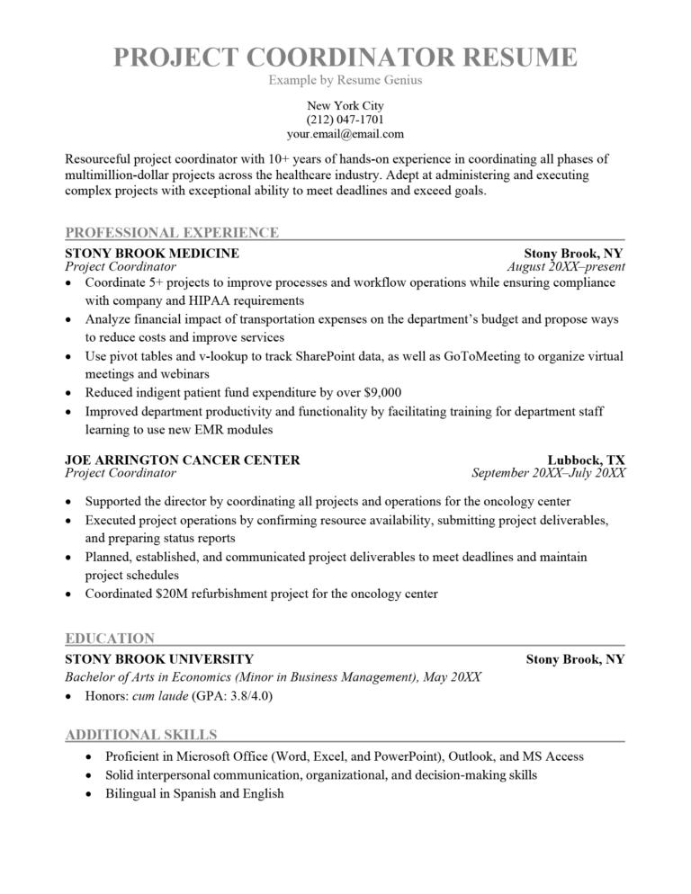 Project Coordinator Resume [Sample for Download]