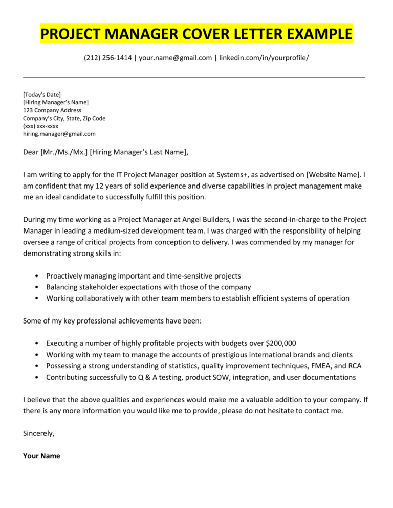 cover letter examples project manager