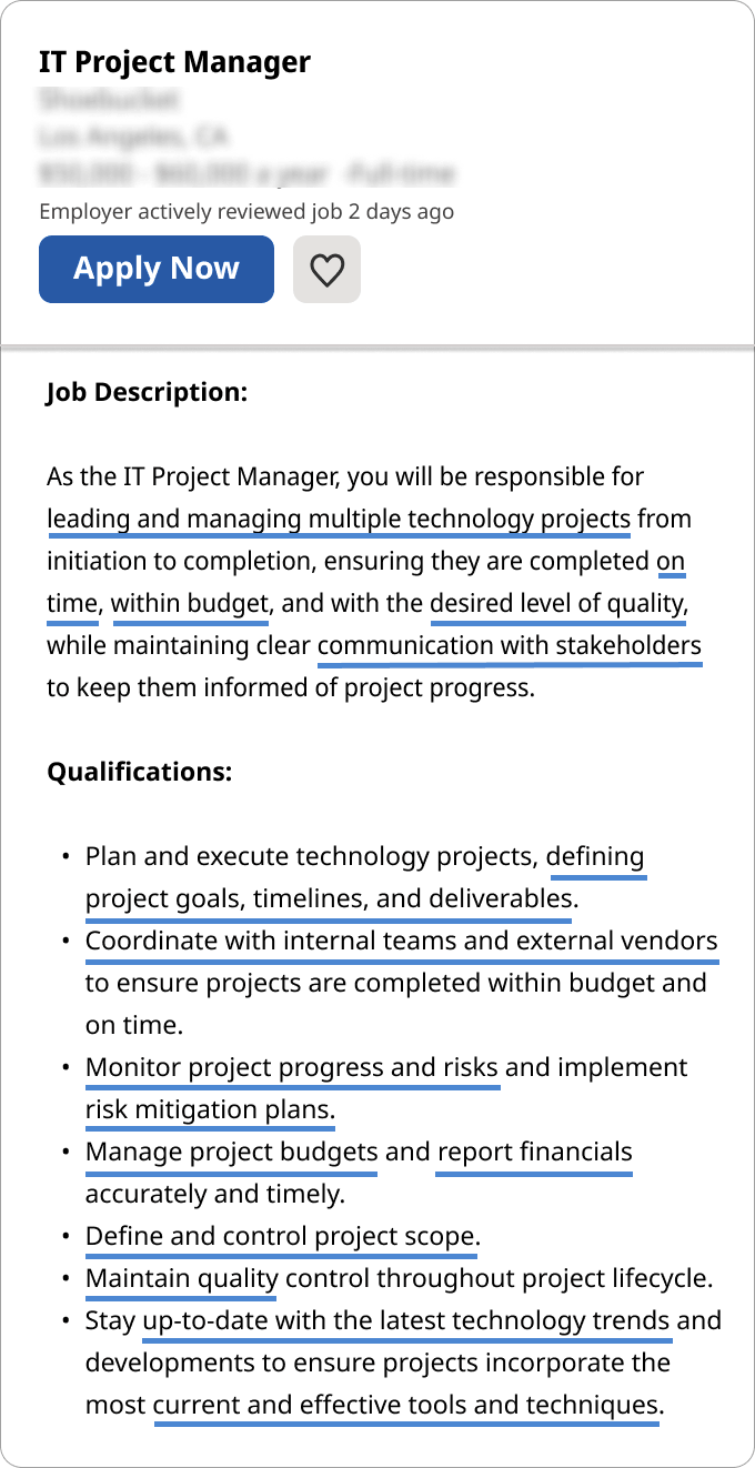 Sample of an IT project manager job description including qualifications. 