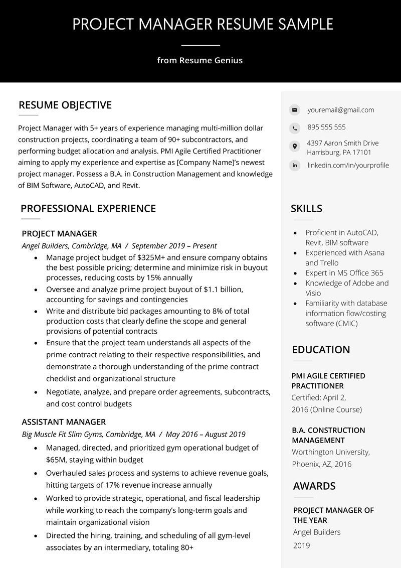 Project Manager Resume Sample & Writing Guide  RG