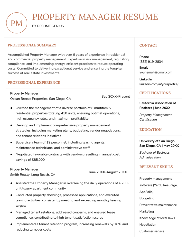 Property Manager Resume Example (+ Free Template)