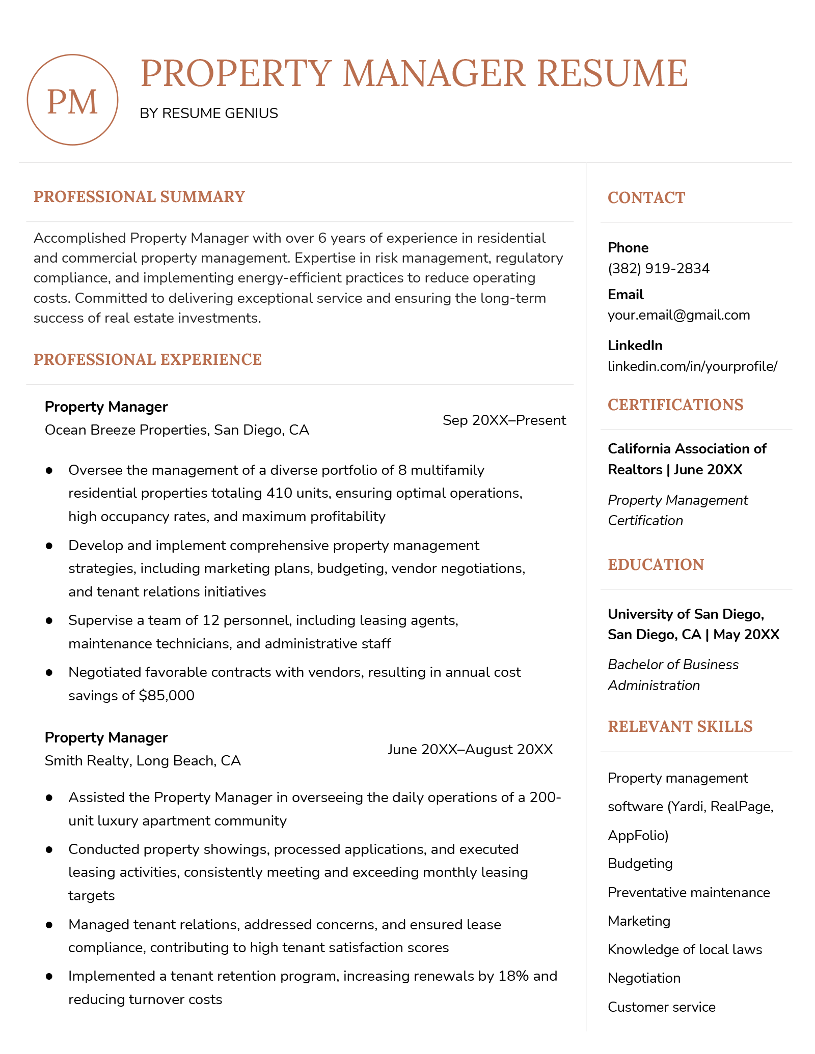 Example of a property manager resume.