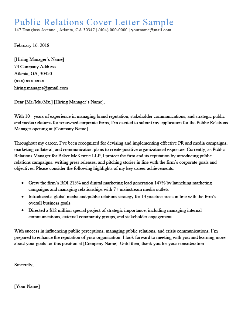 Public Relations Cover Letter Sample