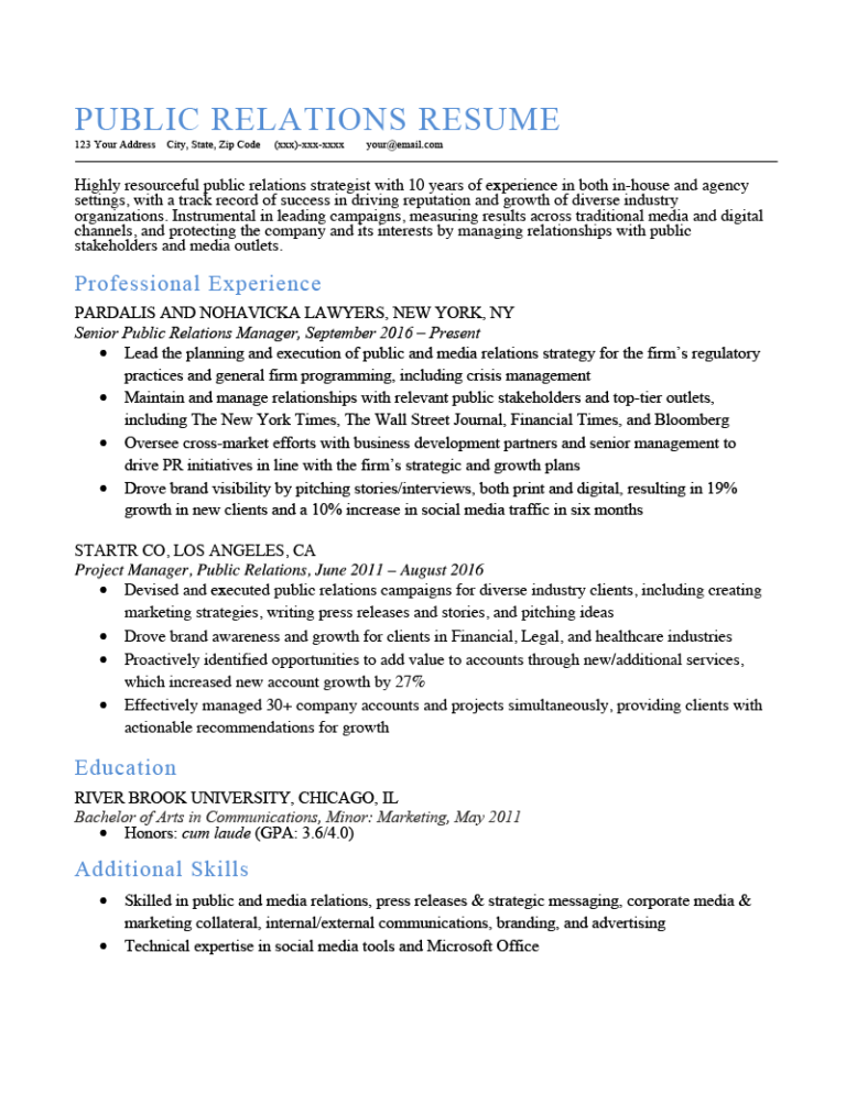 entry level public relations resume examples