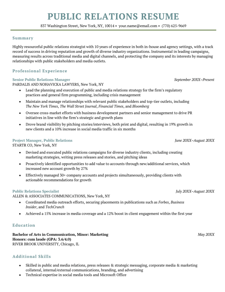 entry level public relations resume examples