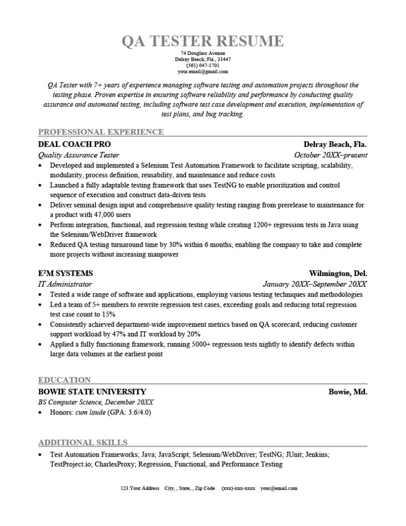 resume format for qa tester