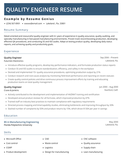 Quality Engineer Resume Sample