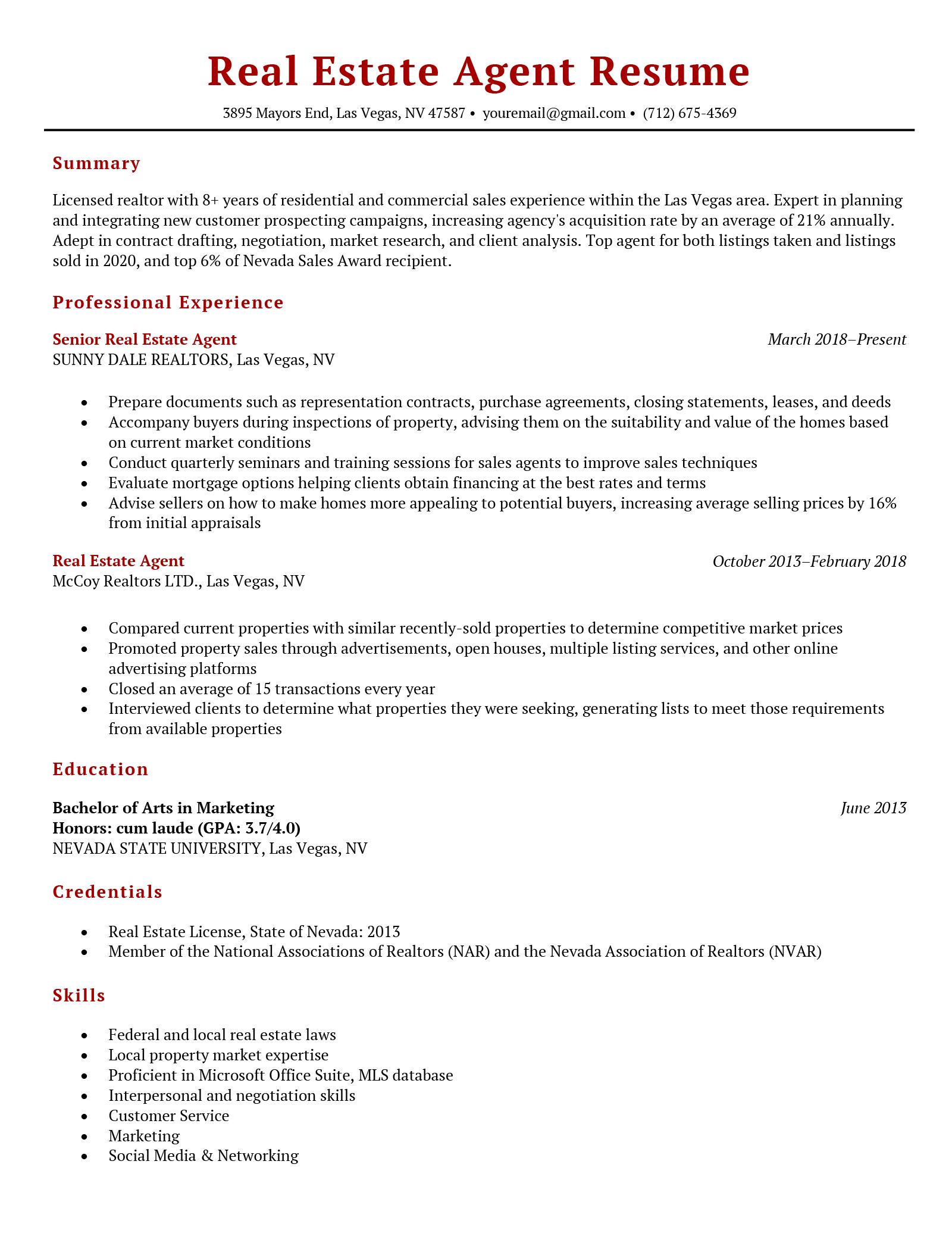 An example of a real estate agent resume