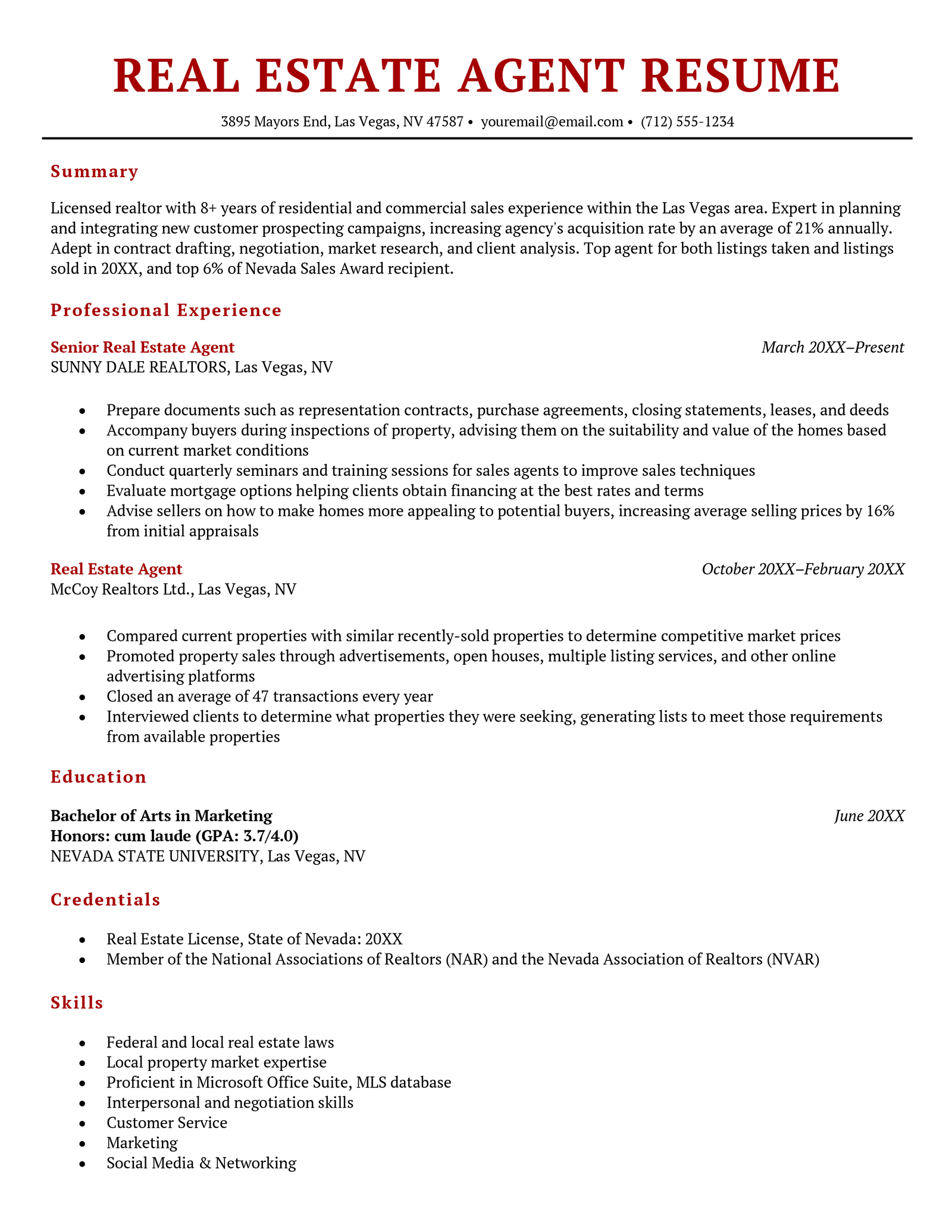 An example of a real estate agent resume.