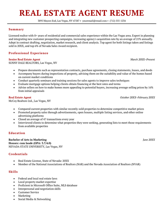 An example of a real estate agent resume.