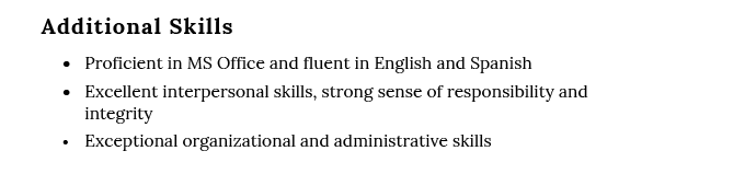 Example of a skills section on a recent college graduate resume.
