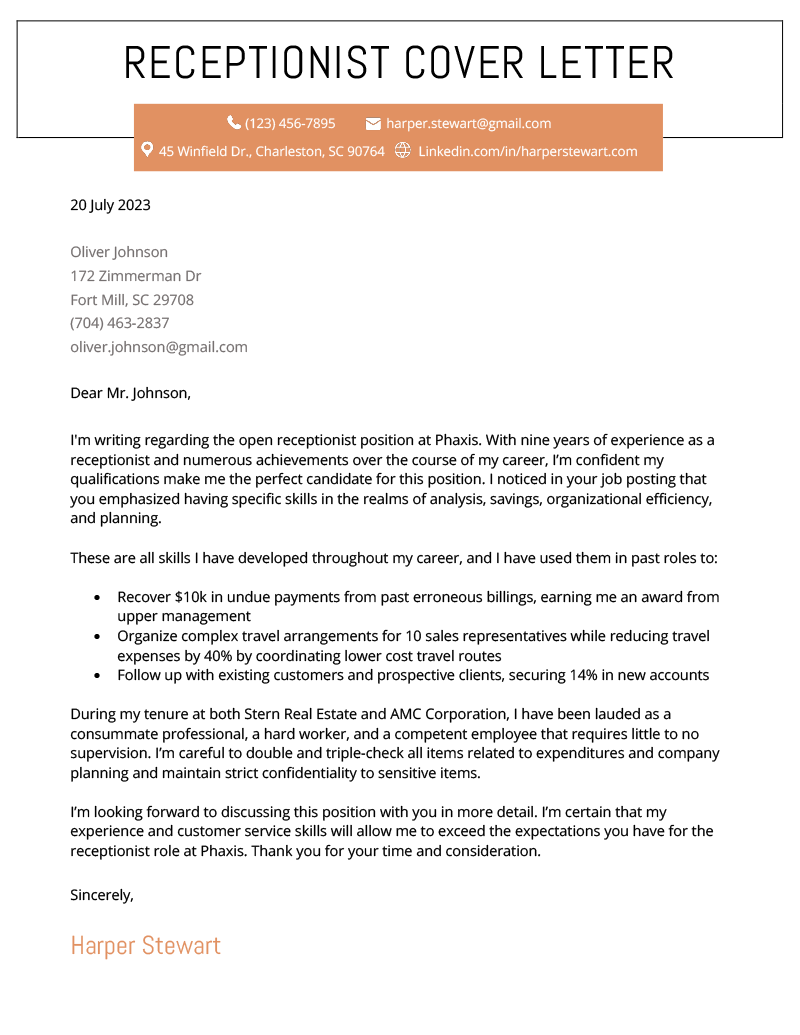 An example of a receptionist cover letter on a template with an orange resume header that includes the applicant's contact details