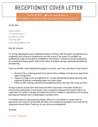 An example of a receptionist cover letter on a template with an orange resume header that includes the applicant's contact details