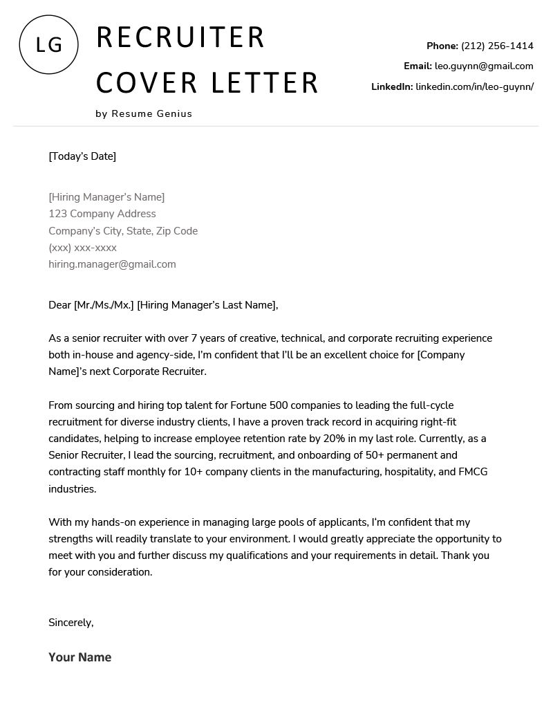 cover letter template for recruiter position