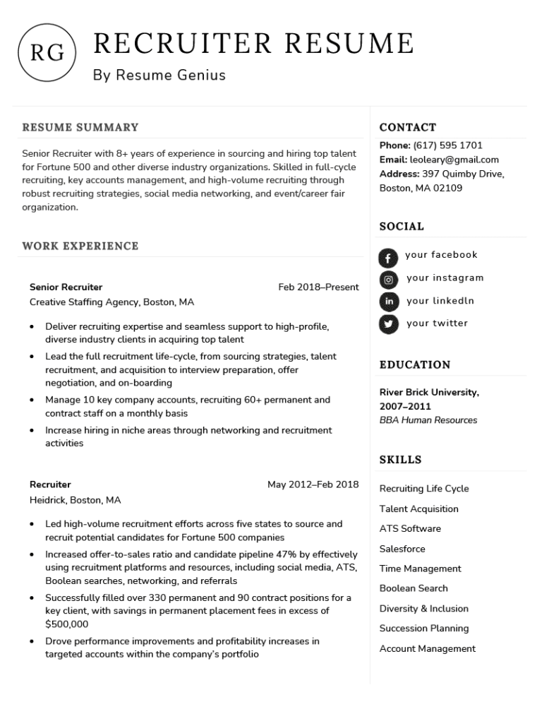 resume sample for hr recruiter
