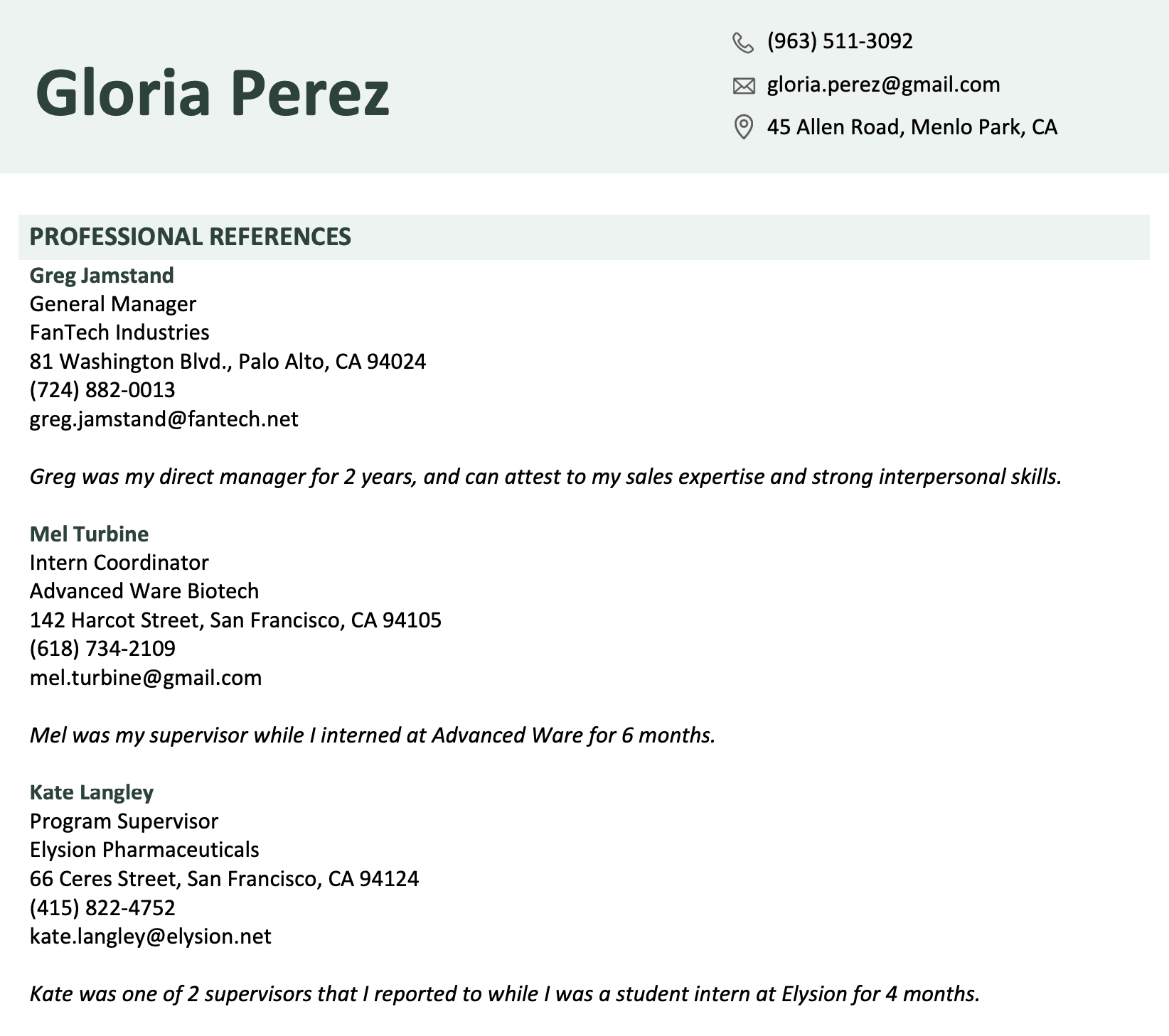 An example of three professional references on a resume