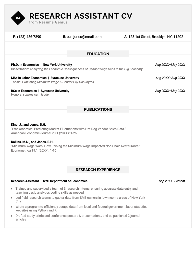 An image of the first page of a two-page research assistant CV example