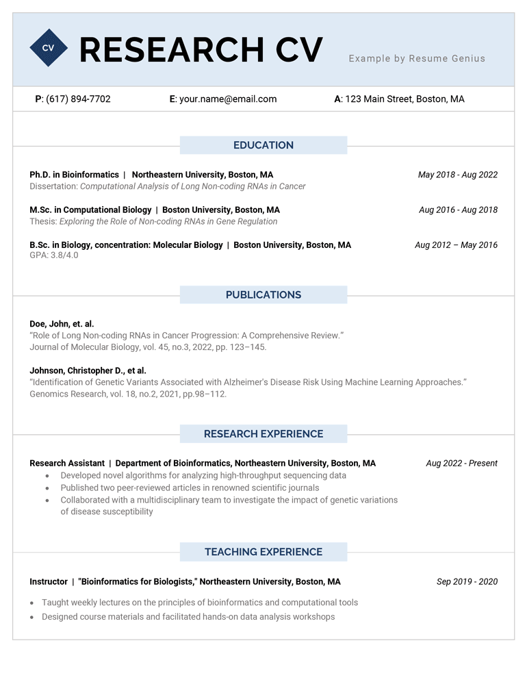 Example of an academic research CV that's two pages and includes a blue header with blue section headings.