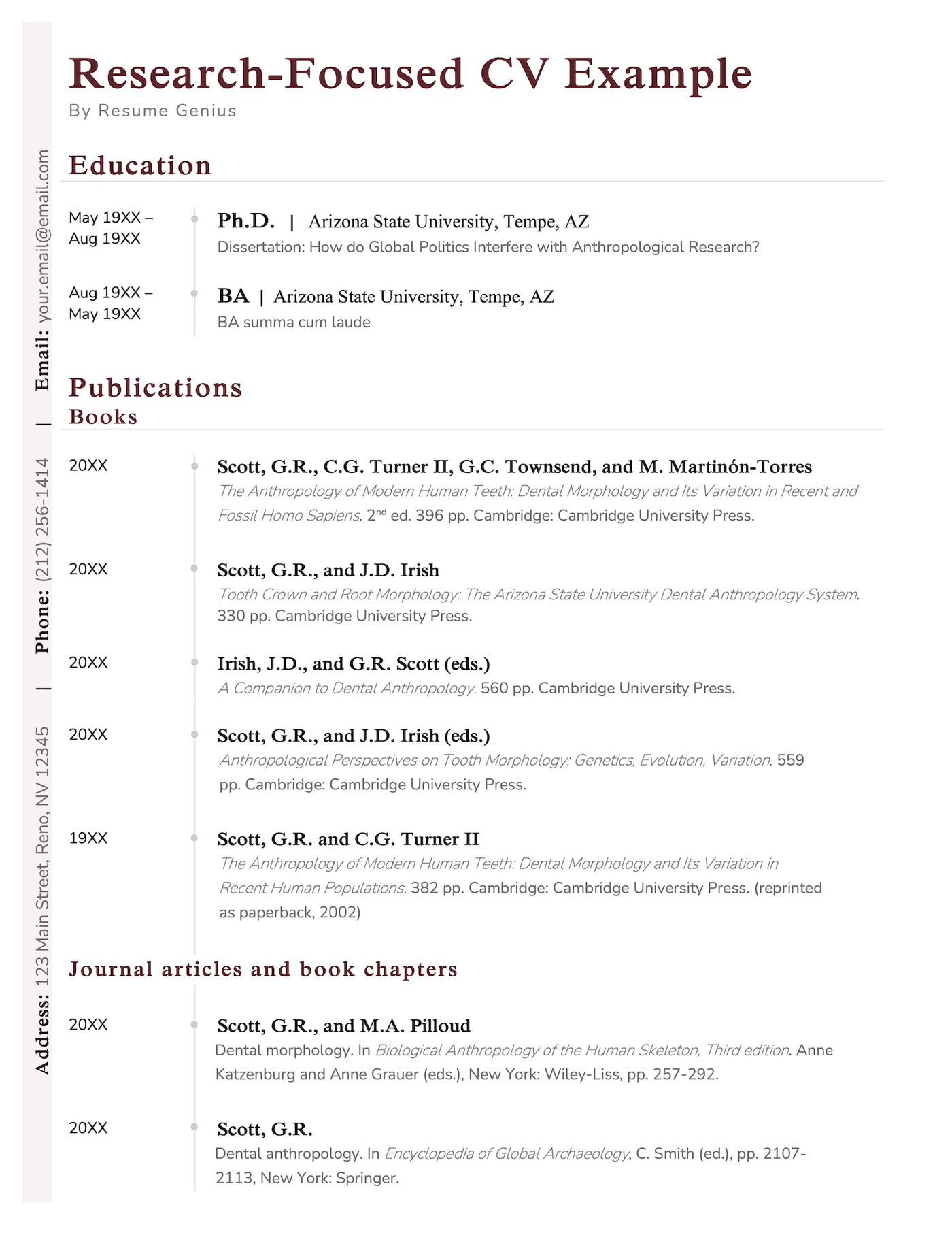 Example of a research-focused CV formatted on a template with red header text and a shaded side bar for contact information