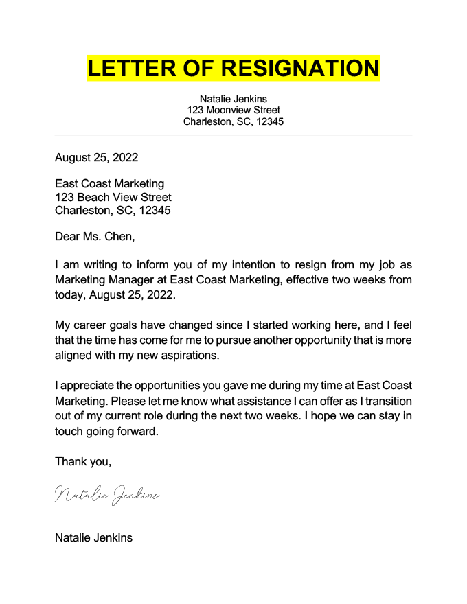 A resignation letter example written by a resigning marketing manager. It has bold, all-caps title text highlighted yellow, centered employee information, left-aligned date and employer information, and three paragraphs.