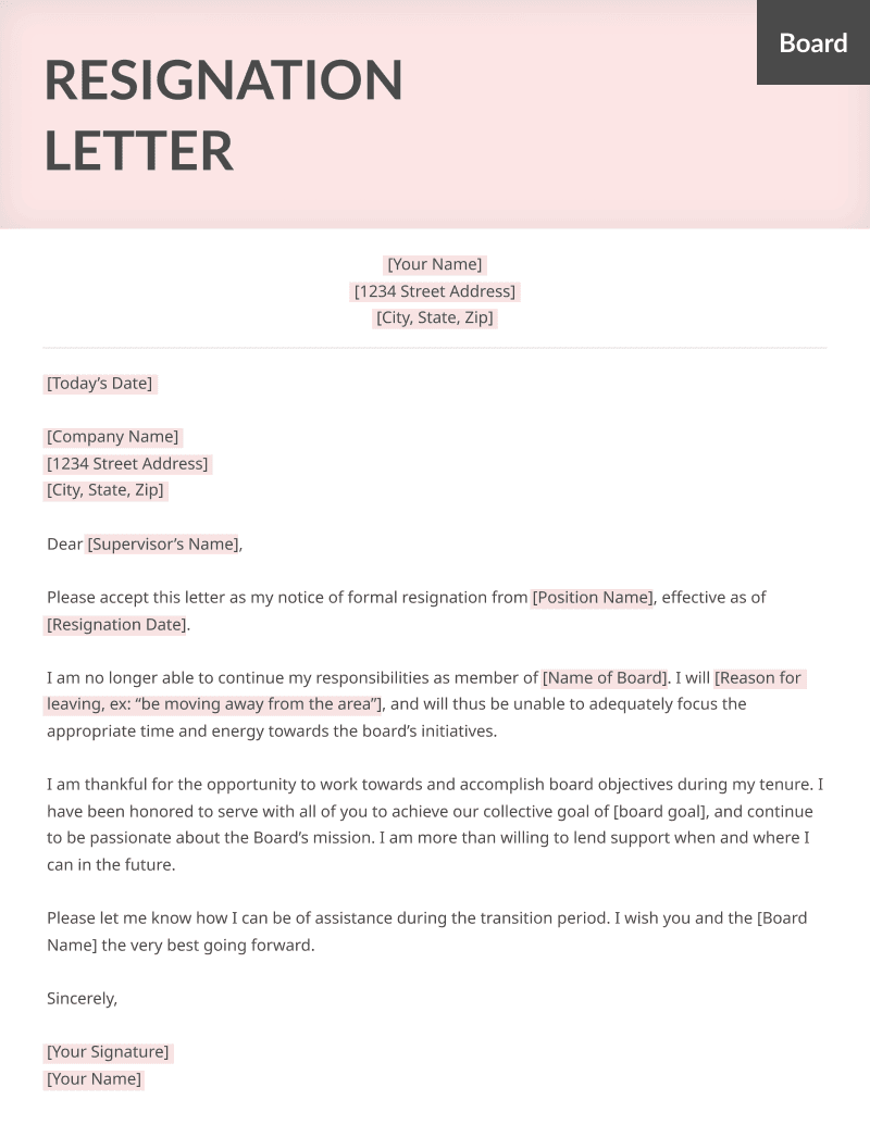 A resignation letter template for resigning a board position